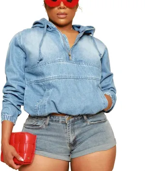 TOPSRANI Womens Plus Size Half Zip Up Denim Hoodie Casual Jean Sweatshirt Pullover Long Sleeve Jacket Tops with Pockets
