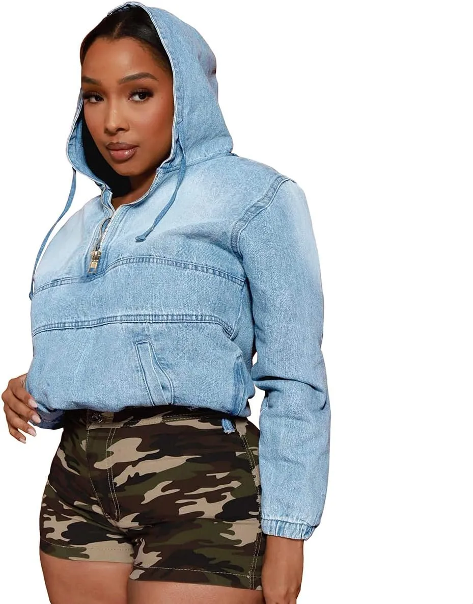 TOPSRANI Womens Plus Size Half Zip Up Denim Hoodie Casual Jean Sweatshirt Pullover Long Sleeve Jacket Tops with Pockets