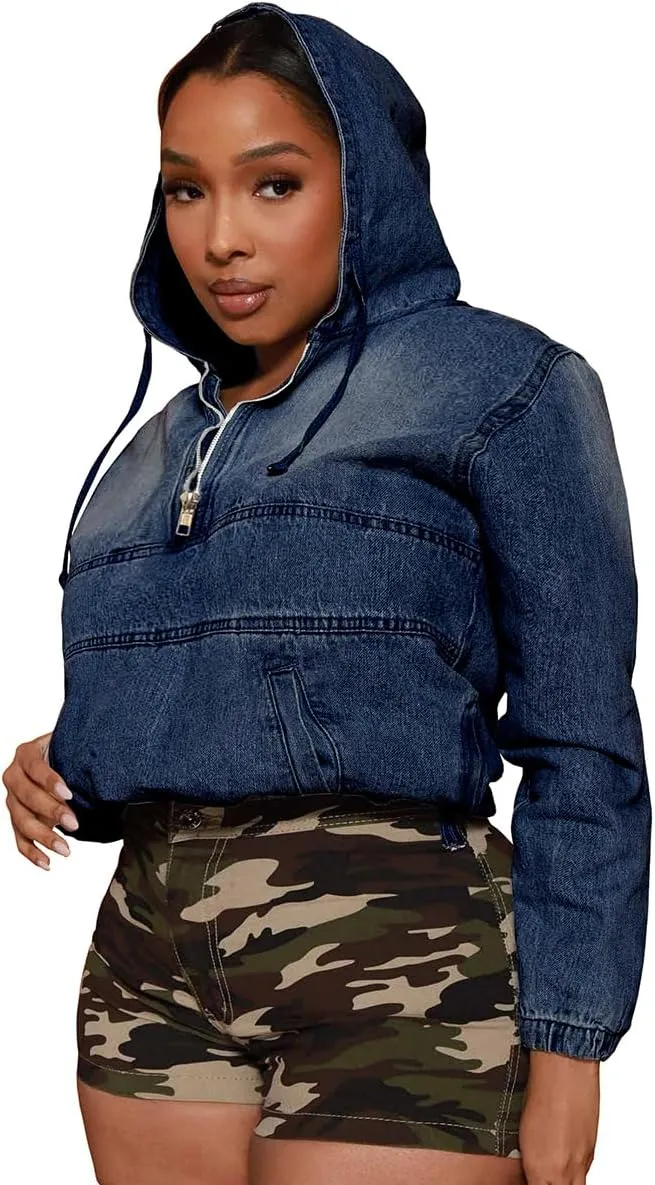 TOPSRANI Womens Plus Size Half Zip Up Denim Hoodie Casual Jean Sweatshirt Pullover Long Sleeve Jacket Tops with Pockets