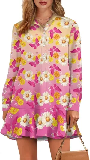 Tunic Shirt Dress for Women Long Sleeve Button Up Lapel Mini Shift Dress Pleated Flowy Pocket Dresses S-2XL