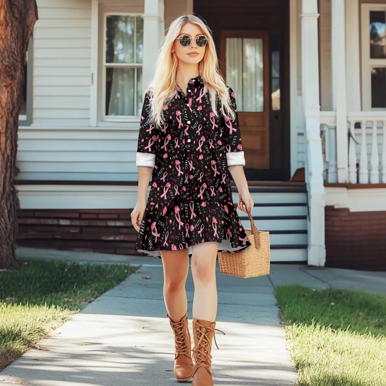 Tunic Shirt Dress for Women Long Sleeve Button Up Lapel Mini Shift Dress Pleated Flowy Pocket Dresses S-2XL