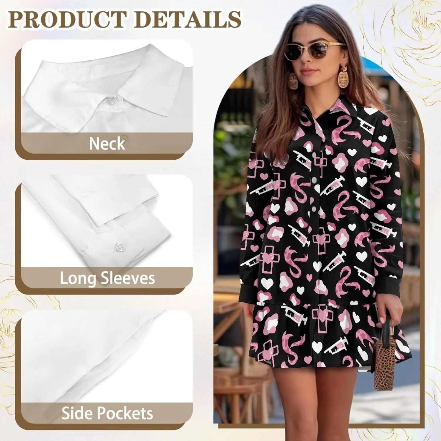 Tunic Shirt Dress for Women Long Sleeve Button Up Lapel Mini Shift Dress Pleated Flowy Pocket Dresses S-2XL