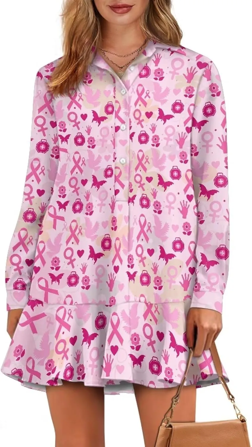 Tunic Shirt Dress for Women Long Sleeve Button Up Lapel Mini Shift Dress Pleated Flowy Pocket Dresses S-2XL