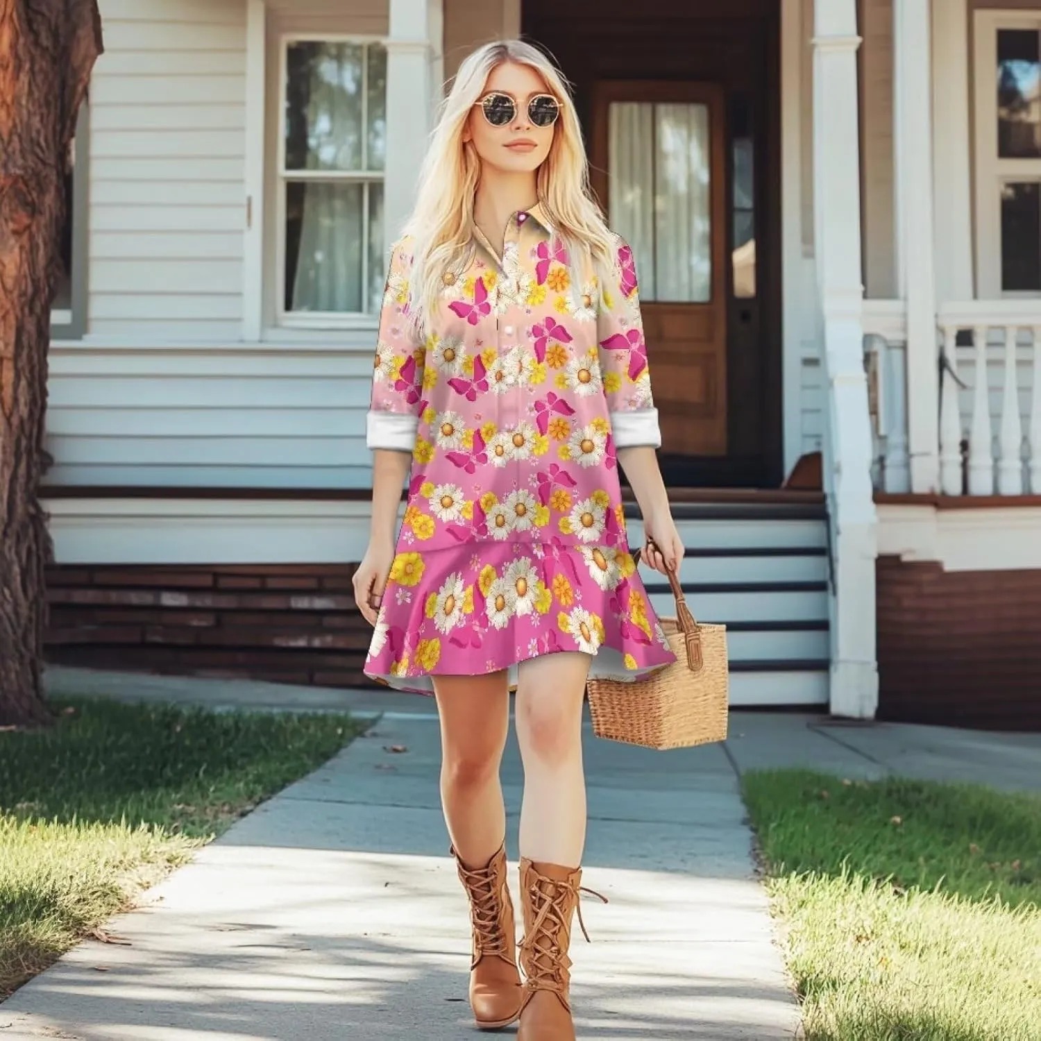 Tunic Shirt Dress for Women Long Sleeve Button Up Lapel Mini Shift Dress Pleated Flowy Pocket Dresses S-2XL