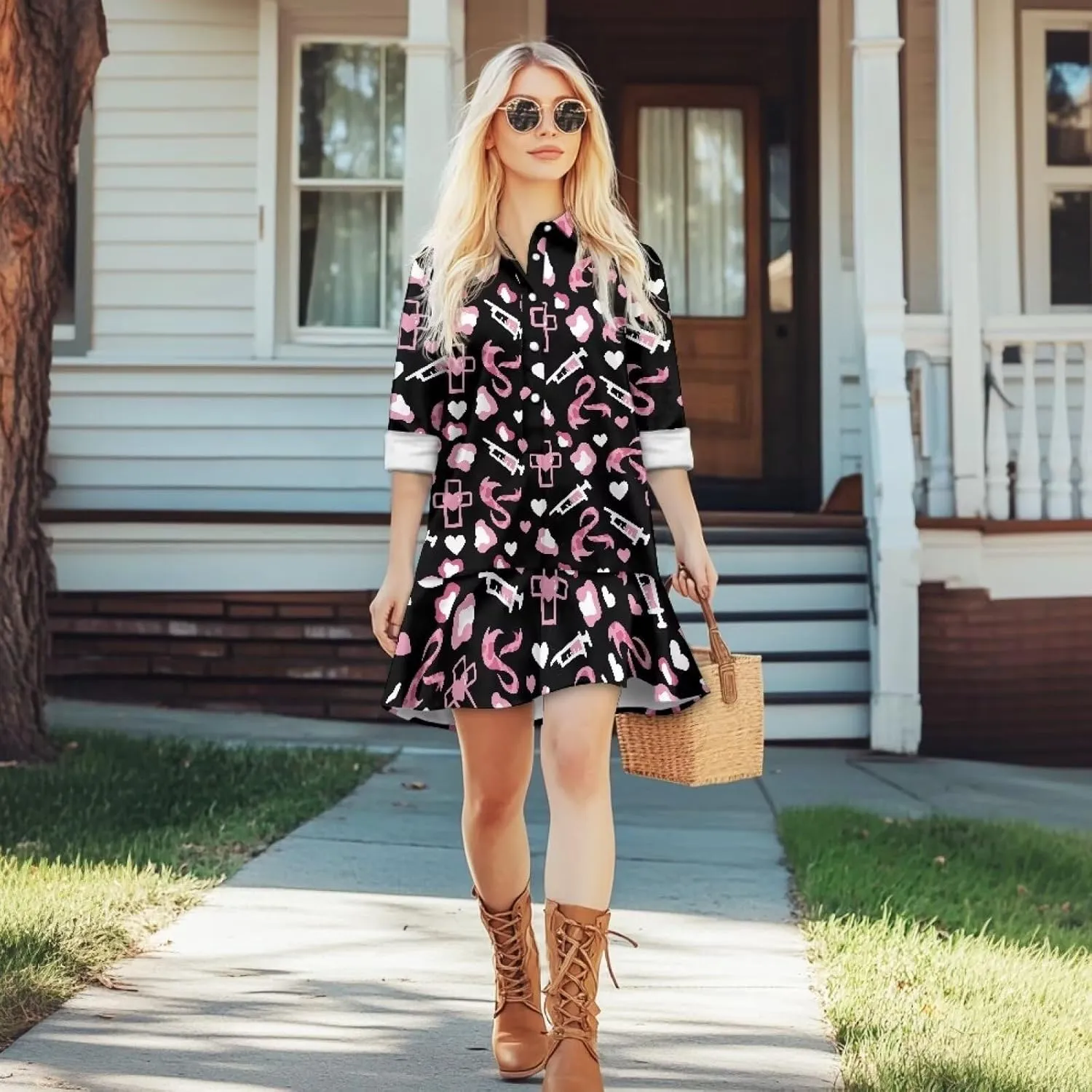 Tunic Shirt Dress for Women Long Sleeve Button Up Lapel Mini Shift Dress Pleated Flowy Pocket Dresses S-2XL