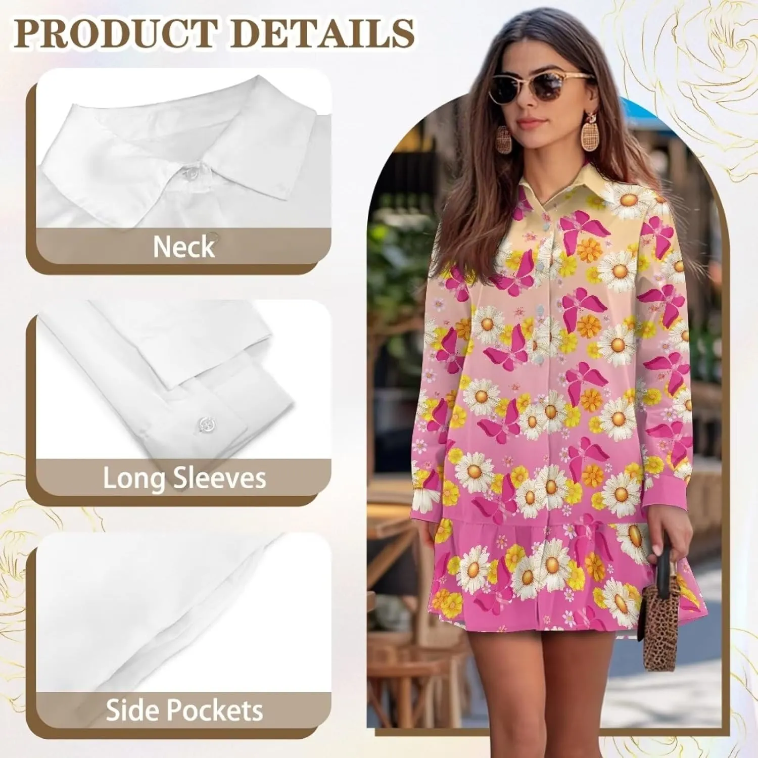 Tunic Shirt Dress for Women Long Sleeve Button Up Lapel Mini Shift Dress Pleated Flowy Pocket Dresses S-2XL