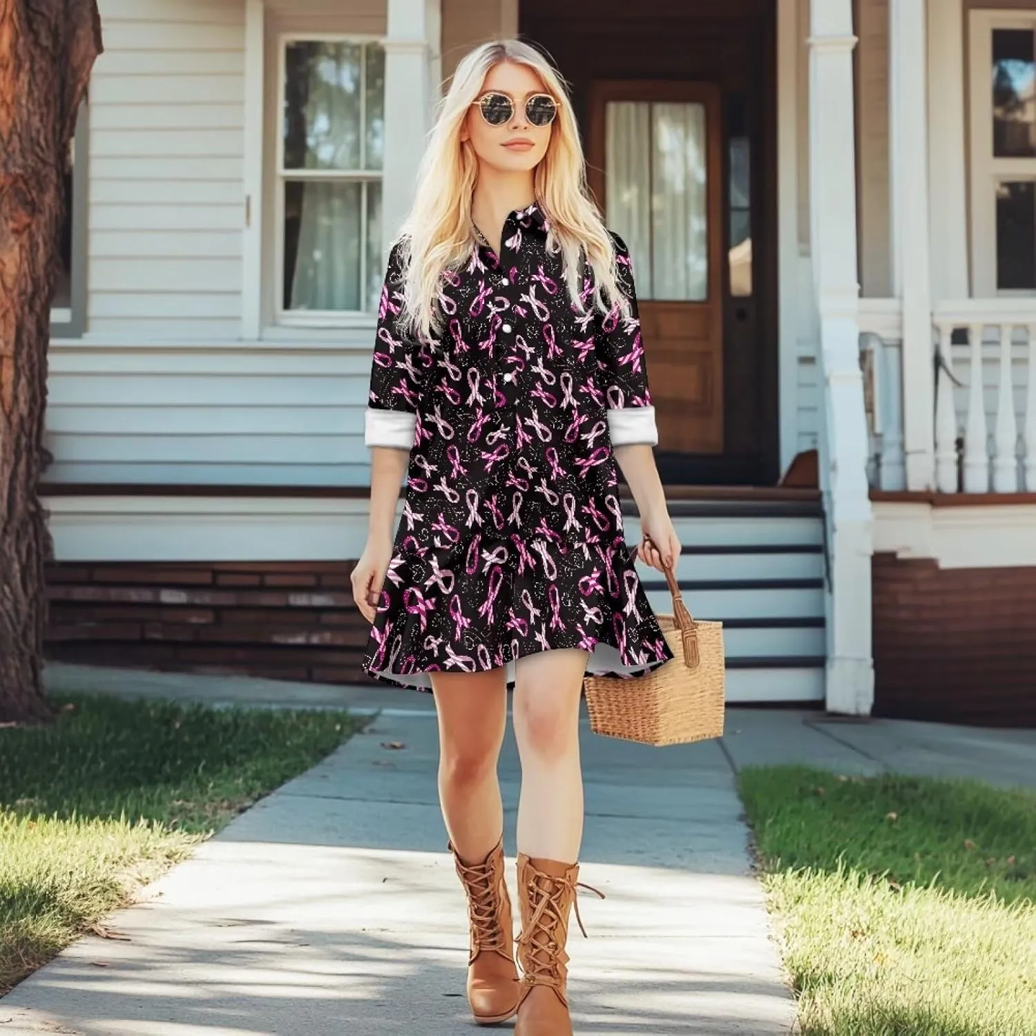 Tunic Shirt Dress for Women Long Sleeve Button Up Lapel Mini Shift Dress Pleated Flowy Pocket Dresses S-2XL
