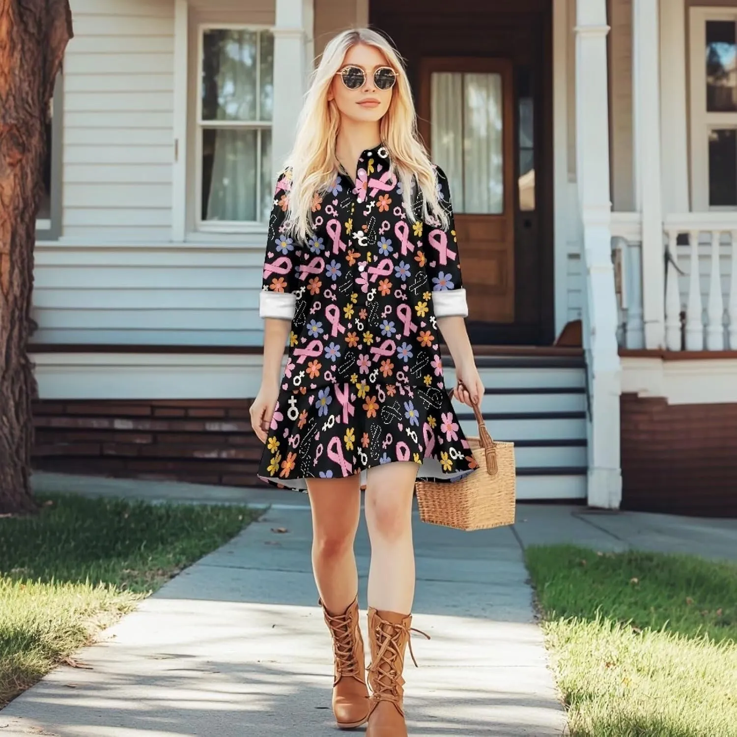 Tunic Shirt Dress for Women Long Sleeve Button Up Lapel Mini Shift Dress Pleated Flowy Pocket Dresses S-2XL