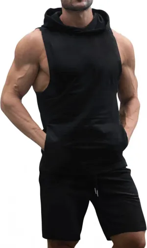 TURETRENDY Men's Tracksuit 2 Piece Sleeveless Hooded Workout Tank Top and Shorts Casual Athletic Sports Hoodie Shorts Set