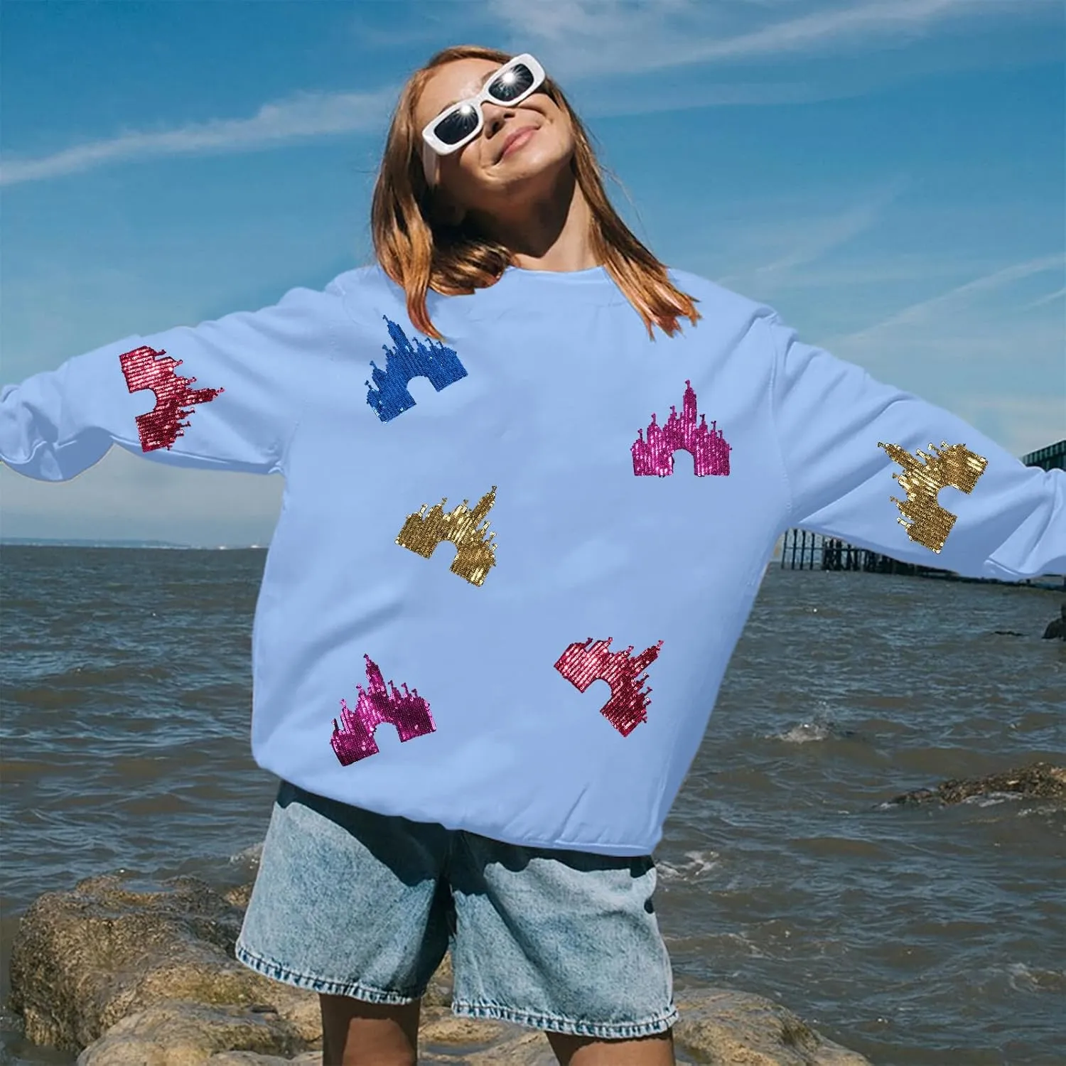 UNIQUEONE Oversized Bow Sweatshirt Womens Magic Kingdom Tee Shirt Colorful Pastel Bows Graphic Sweatshirts Holiday Pullover