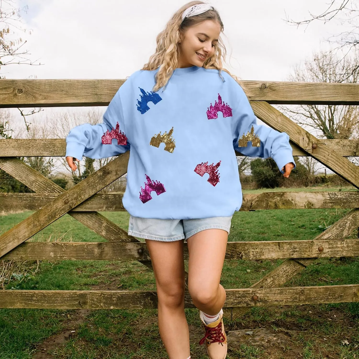 UNIQUEONE Oversized Bow Sweatshirt Womens Magic Kingdom Tee Shirt Colorful Pastel Bows Graphic Sweatshirts Holiday Pullover