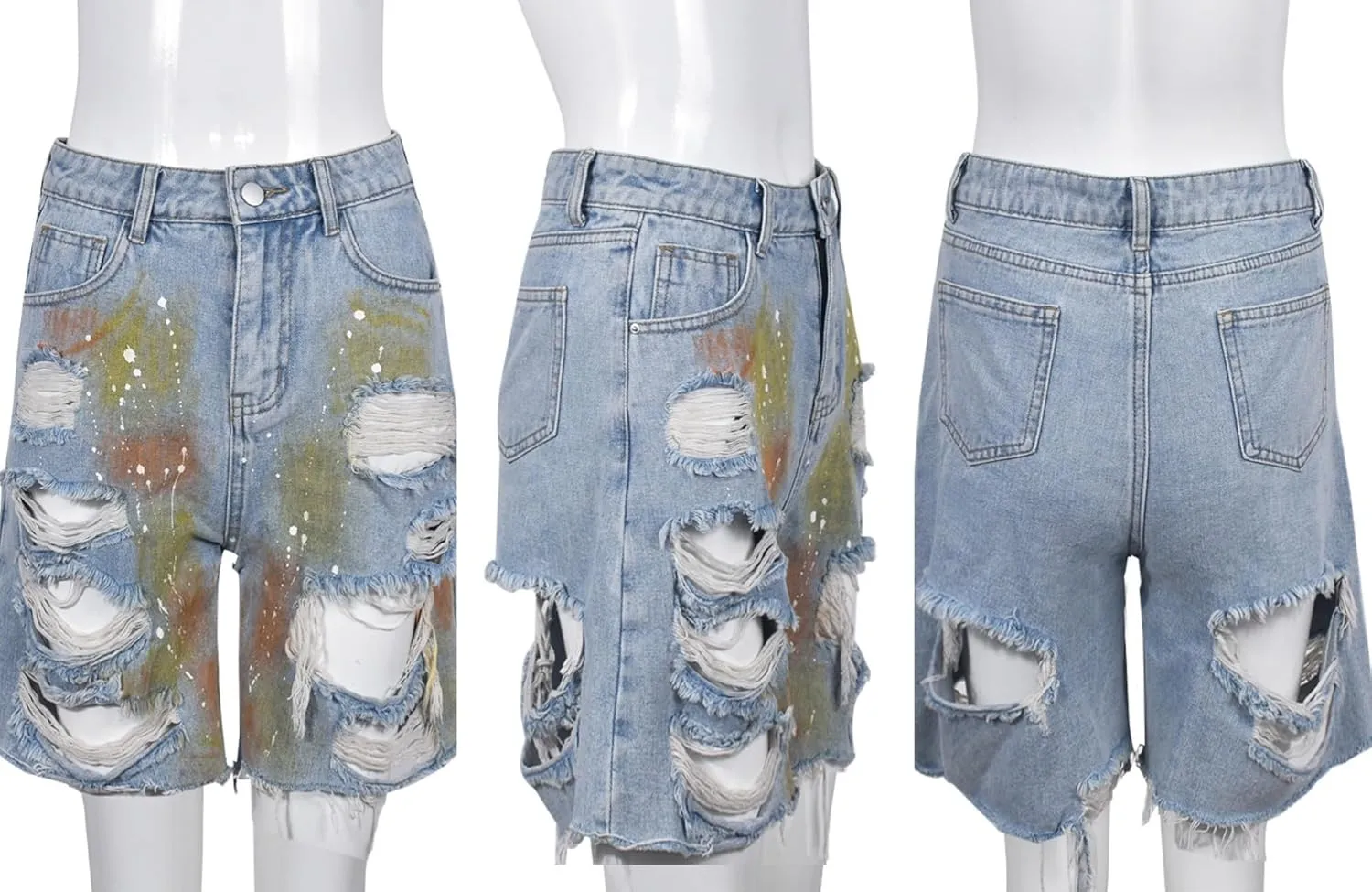 Unybwonn Women Ripped Denim Shorts Wide Leg Distressed Bermuda Cargo Jean Shorts Knee Length Destroyed Cut Off Long Jorts