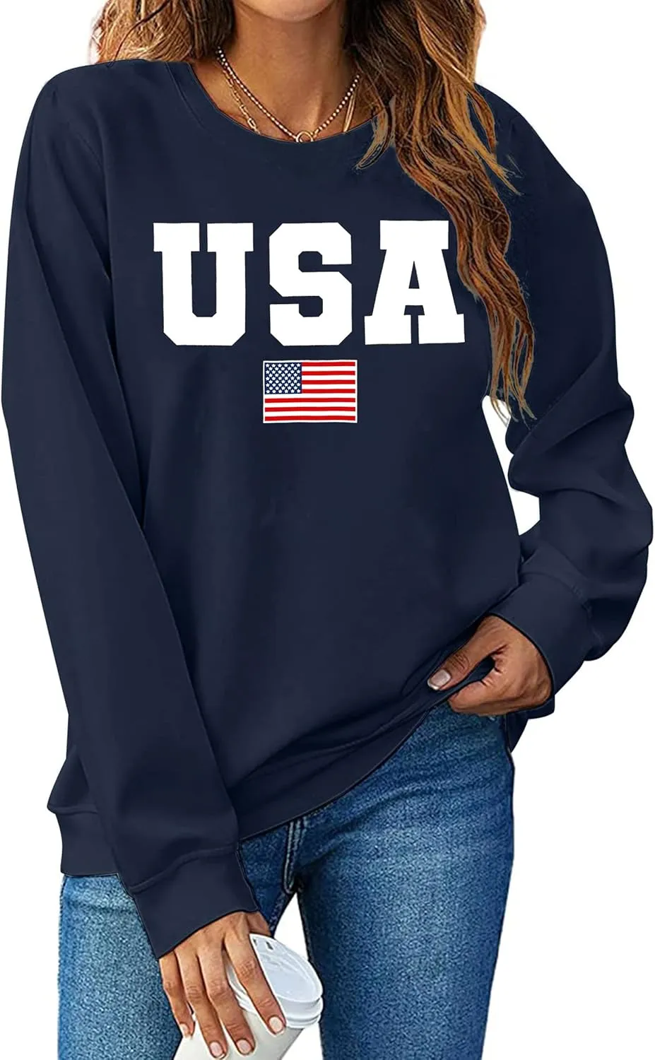 USA Sweatshirt Women American Flag Shirt Patriotic Tshirt Stars Stripes Pullover 4th of July Tee Tops
