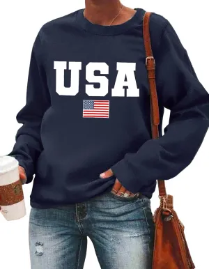 USA Sweatshirt Women American Flag Shirt Patriotic Tshirt Stars Stripes Pullover 4th of July Tee Tops