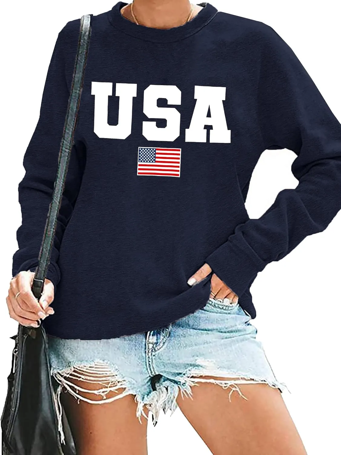 USA Sweatshirt Women American Flag Shirt Patriotic Tshirt Stars Stripes Pullover 4th of July Tee Tops