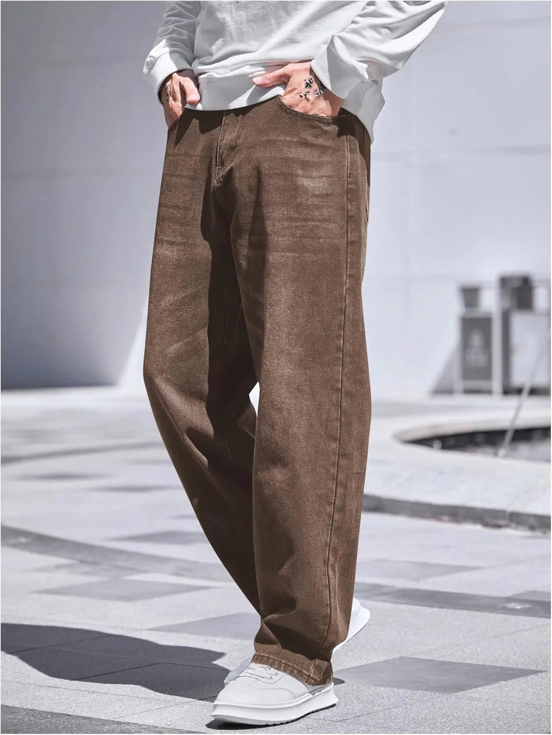 Verdusa Men's High Waist Loose Jeans Baggy Straight Leg Denim Pants Trousers