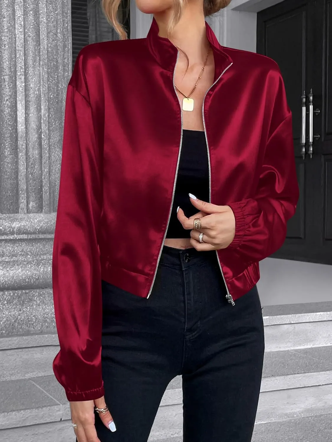 Verdusa Women's Bomber Satin Lightweight Jacket Drop Shoulder Long Sleeve Zip Up Outerwear