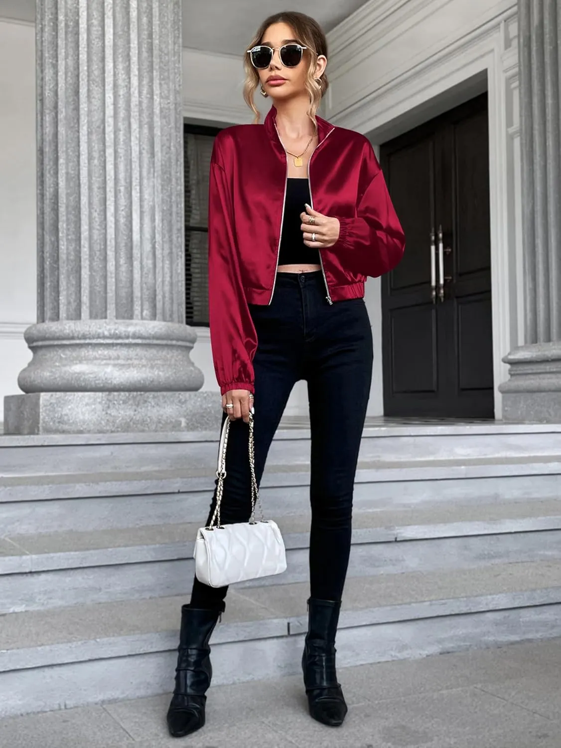 Verdusa Women's Bomber Satin Lightweight Jacket Drop Shoulder Long Sleeve Zip Up Outerwear