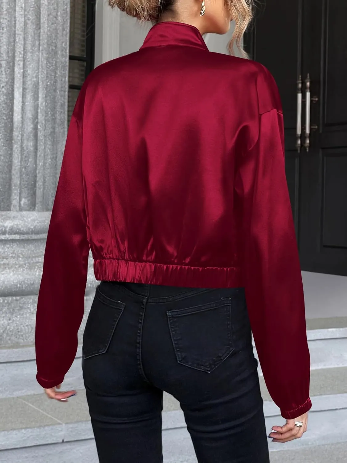Verdusa Women's Bomber Satin Lightweight Jacket Drop Shoulder Long Sleeve Zip Up Outerwear