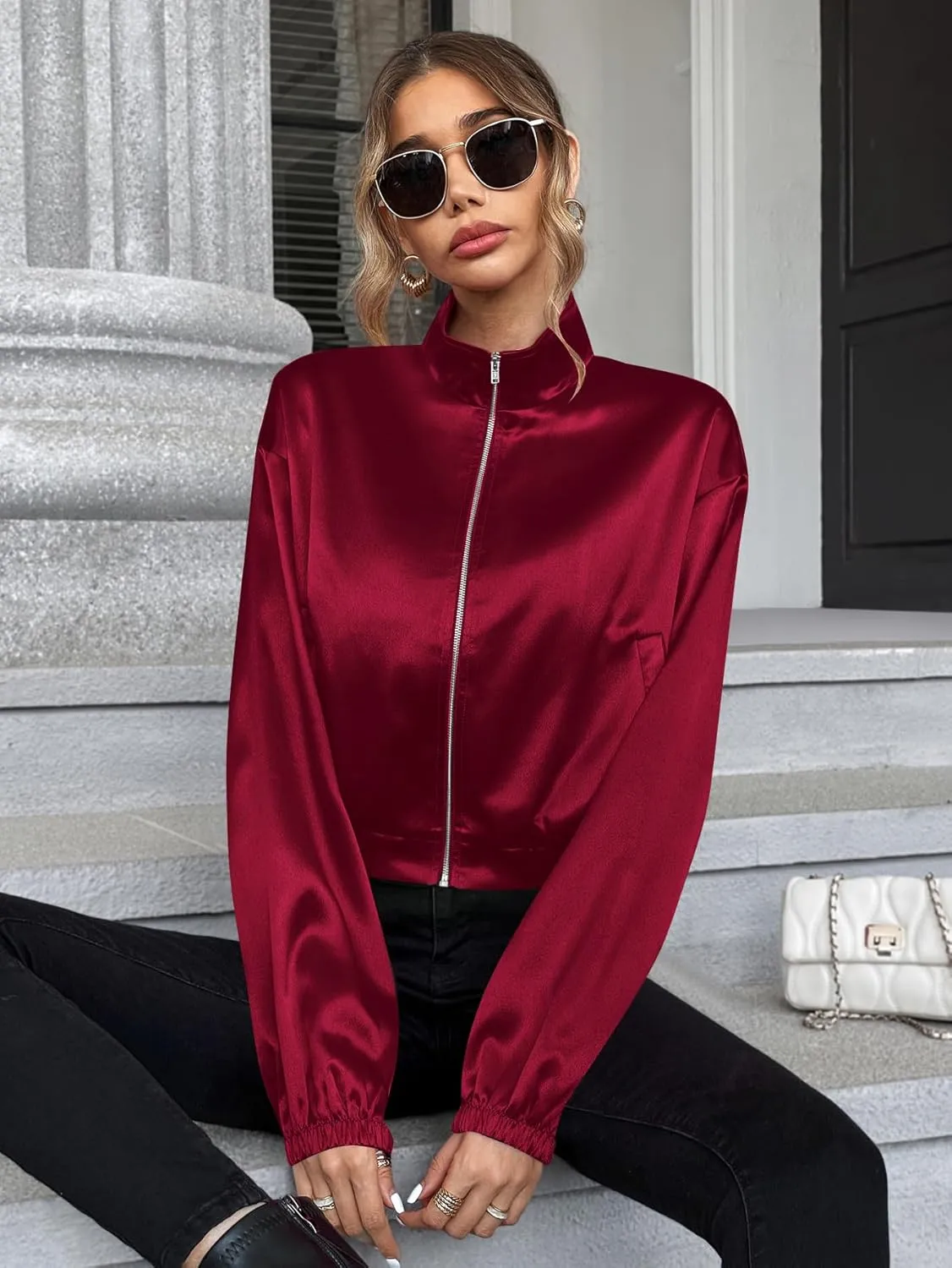 Verdusa Women's Bomber Satin Lightweight Jacket Drop Shoulder Long Sleeve Zip Up Outerwear