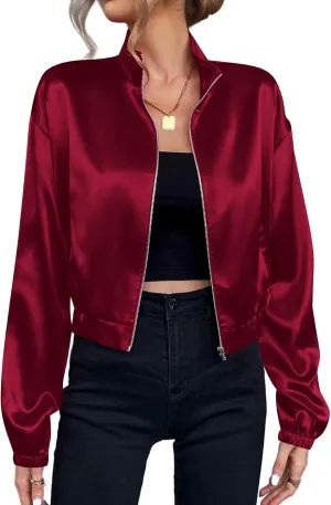 Verdusa Women's Bomber Satin Lightweight Jacket Drop Shoulder Long Sleeve Zip Up Outerwear