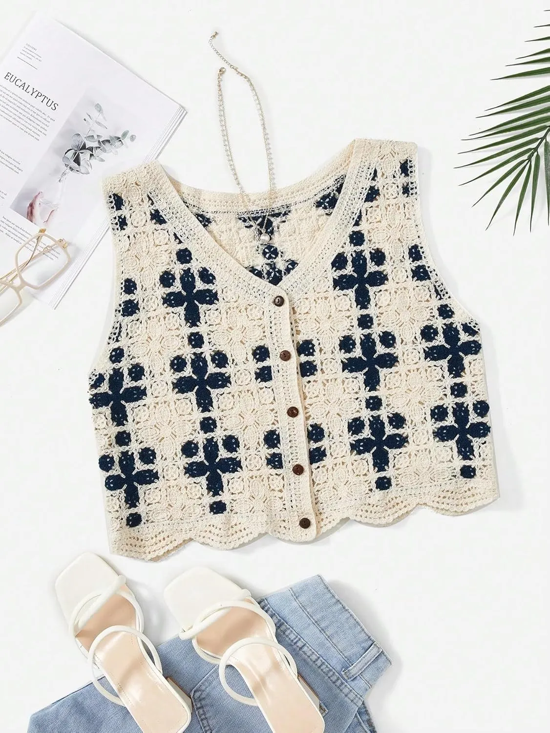 Verdusa Women's Button Front Vest V Neck Sleeveless Knit Crochet Sweater Vest