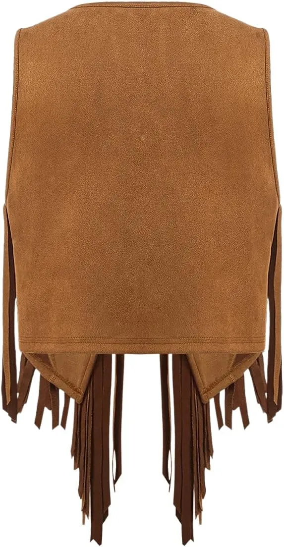Verdusa Women's Fringe Vest Crop Jacket 70s Hippie Faux Suede Tassel Cardigan