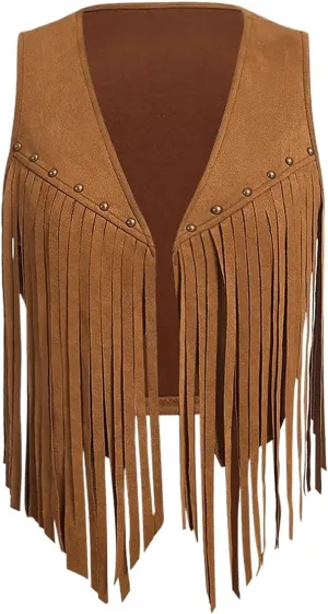 Verdusa Women's Fringe Vest Crop Jacket 70s Hippie Faux Suede Tassel Cardigan