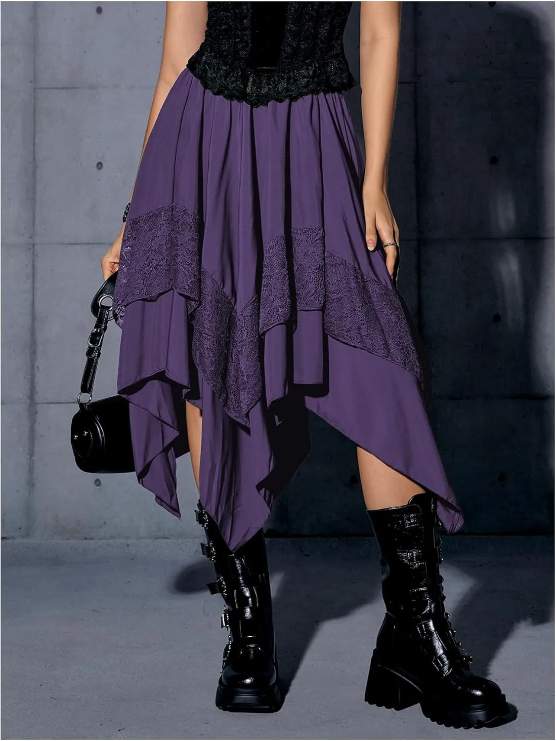 Verdusa Women's Renaissance Flowy Fairy Skirt Y2k Contrast Lace Layered Asymmetrical Midi Skirts