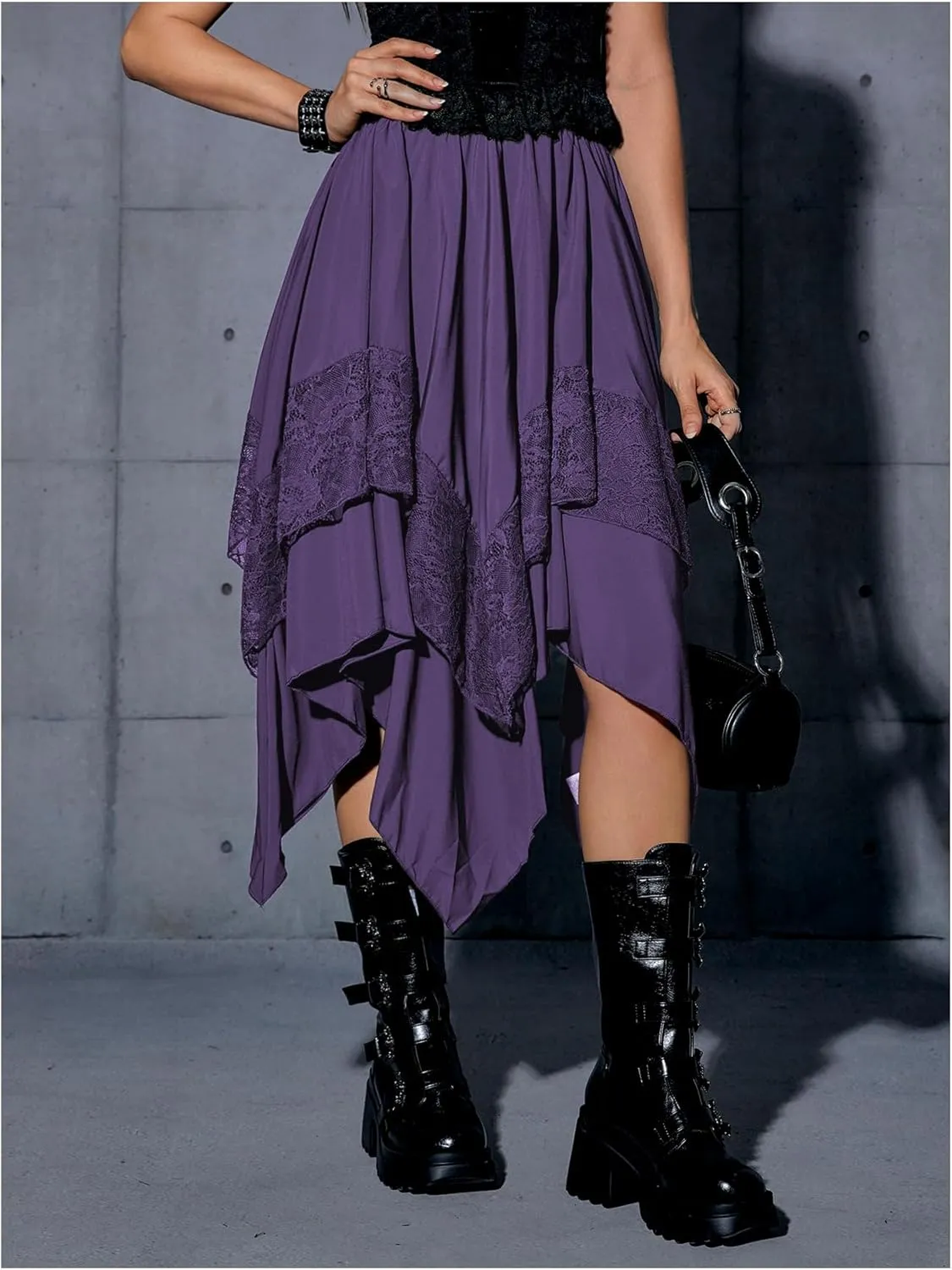 Verdusa Women's Renaissance Flowy Fairy Skirt Y2k Contrast Lace Layered Asymmetrical Midi Skirts