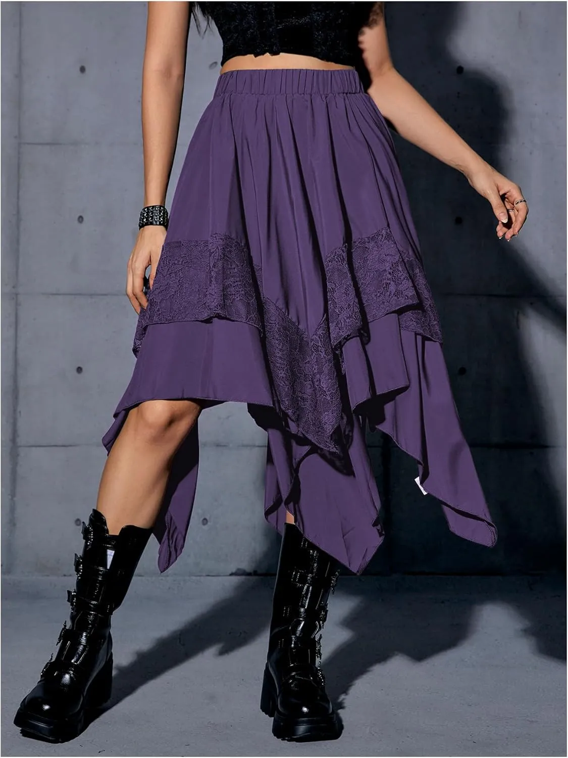 Verdusa Women's Renaissance Flowy Fairy Skirt Y2k Contrast Lace Layered Asymmetrical Midi Skirts