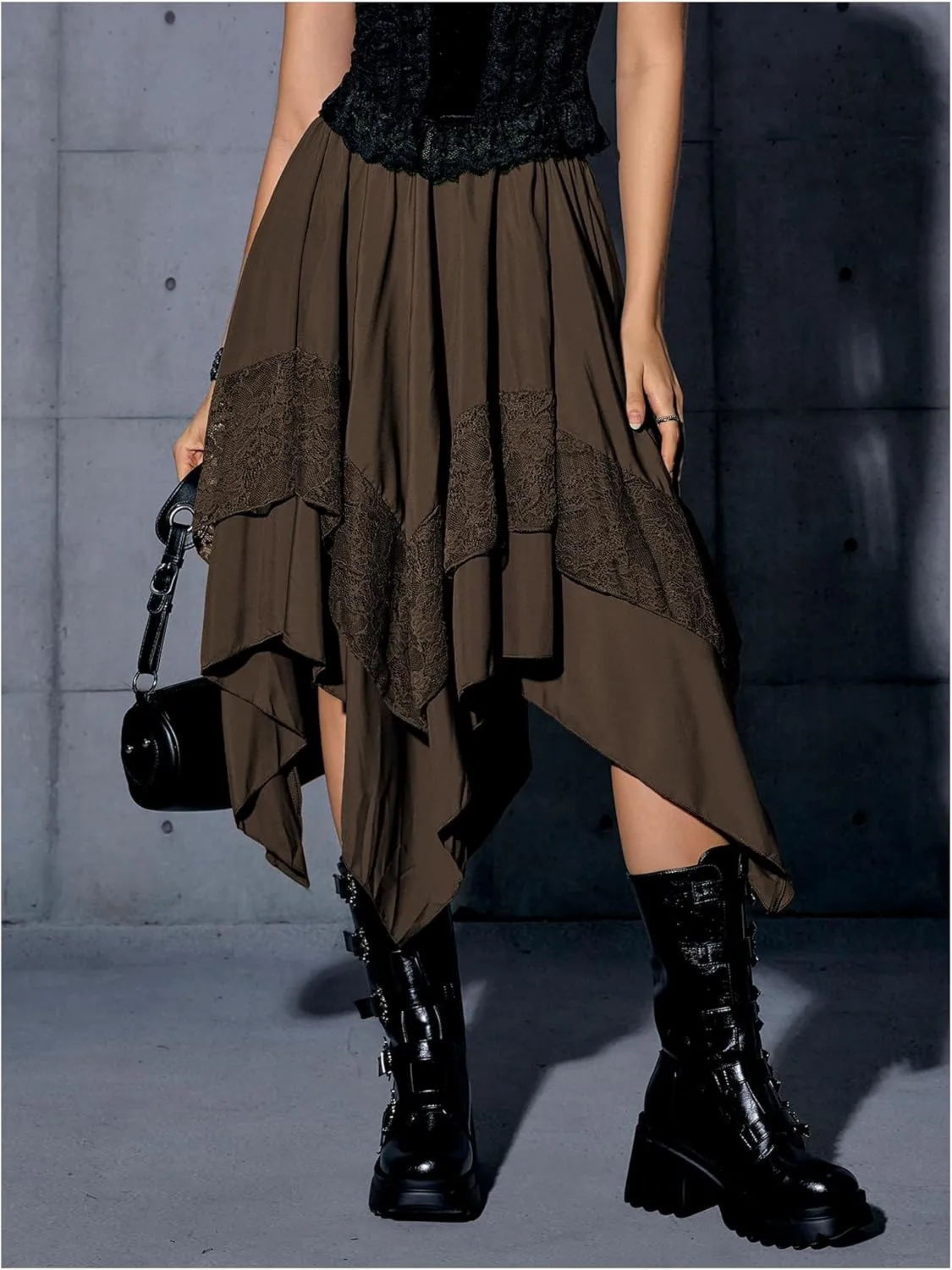 Verdusa Women's Renaissance Flowy Fairy Skirt Y2k Contrast Lace Layered Asymmetrical Midi Skirts