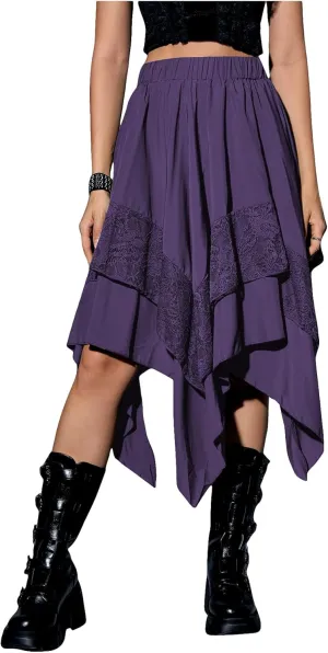 Verdusa Women's Renaissance Flowy Fairy Skirt Y2k Contrast Lace Layered Asymmetrical Midi Skirts
