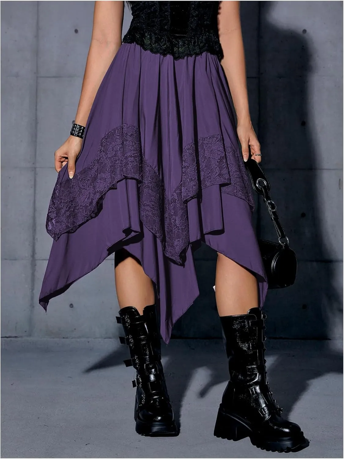 Verdusa Women's Renaissance Flowy Fairy Skirt Y2k Contrast Lace Layered Asymmetrical Midi Skirts