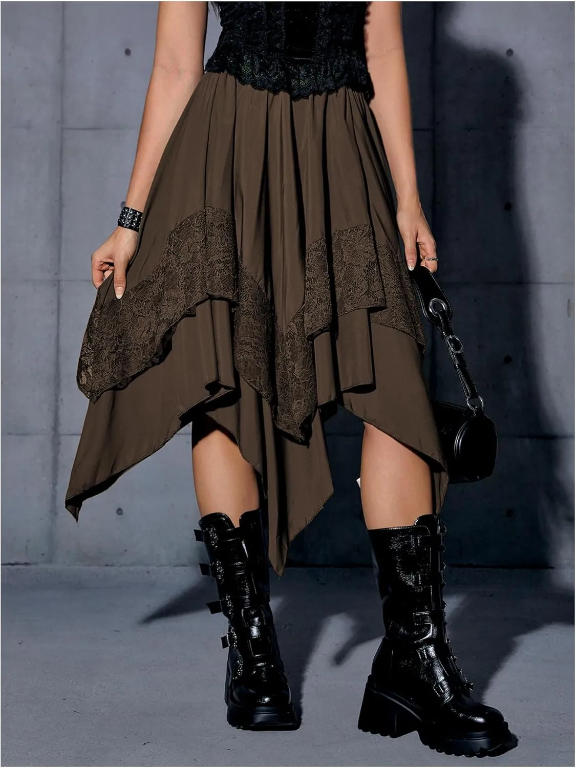 Verdusa Women's Renaissance Flowy Fairy Skirt Y2k Contrast Lace Layered Asymmetrical Midi Skirts