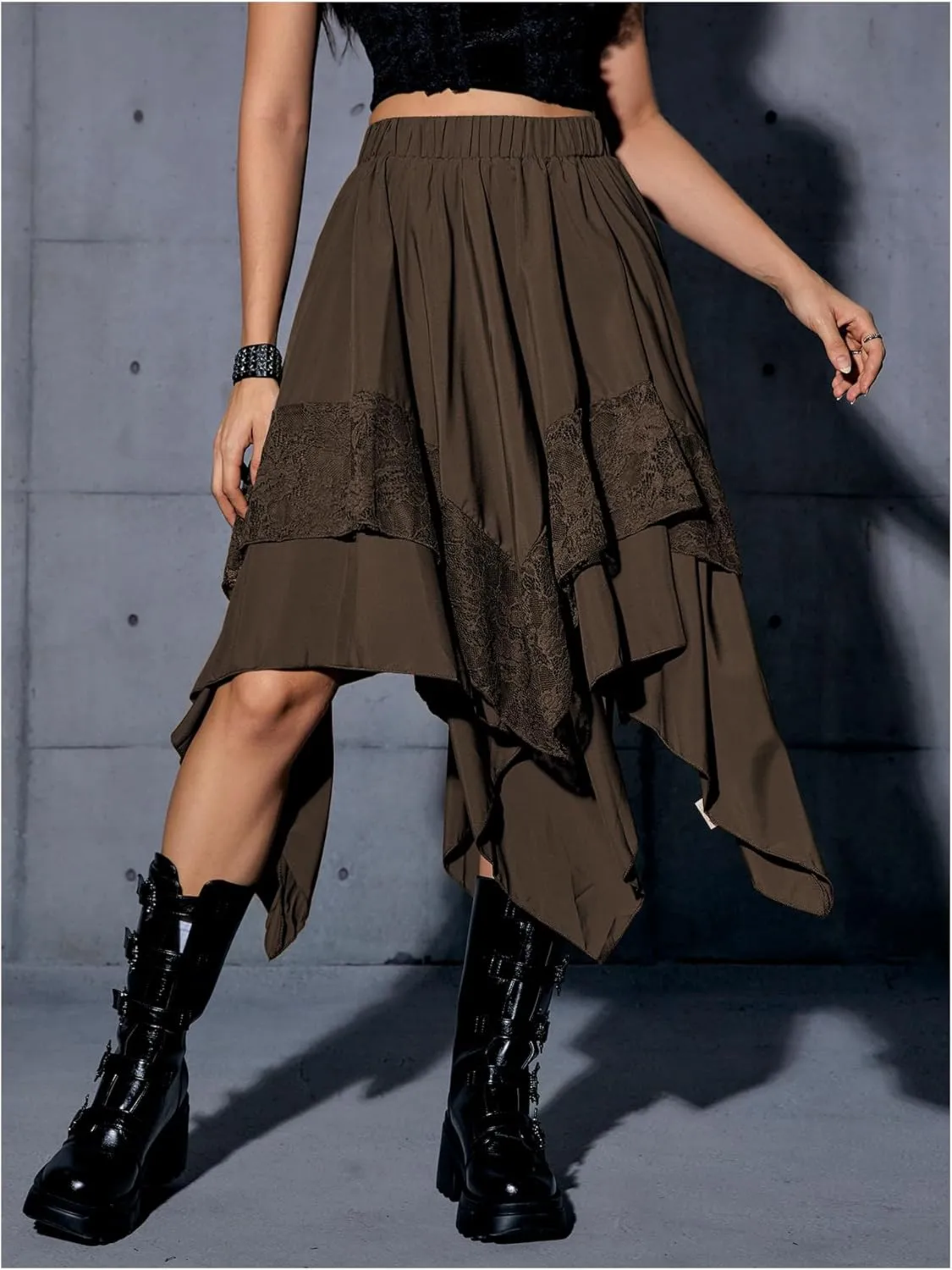 Verdusa Women's Renaissance Flowy Fairy Skirt Y2k Contrast Lace Layered Asymmetrical Midi Skirts