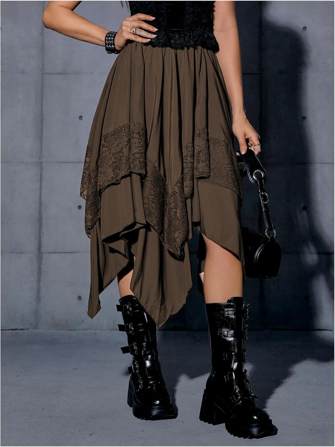 Verdusa Women's Renaissance Flowy Fairy Skirt Y2k Contrast Lace Layered Asymmetrical Midi Skirts
