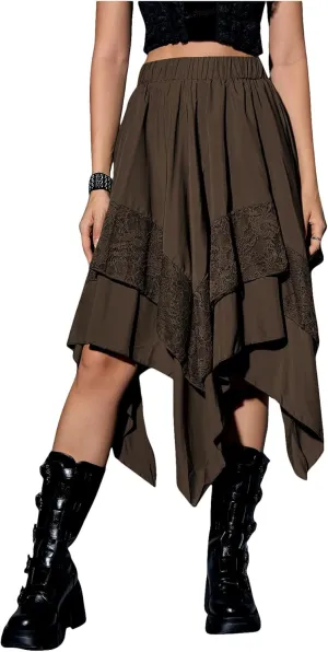 Verdusa Women's Renaissance Flowy Fairy Skirt Y2k Contrast Lace Layered Asymmetrical Midi Skirts
