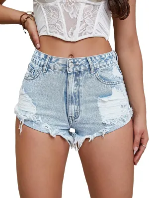 WDIRARA Women's High Waist Ripped Short Jeans Shorts Straight Leg Pocket Zip Fly Raw Hem Casual Denim Shorts