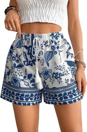 WDIRARA Women's Loose Boho Casual Summer Shorts Floral Print Elastic High Waist Knot Comfy Wide Leg Shorts