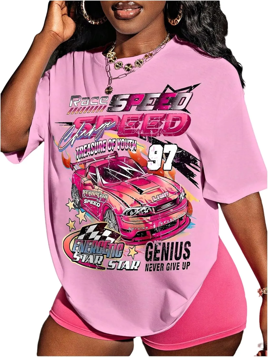 WDIRARA Women's Plus Size Car Graphic T Shirt Crew Neck Short Sleeve Tee Loose Top