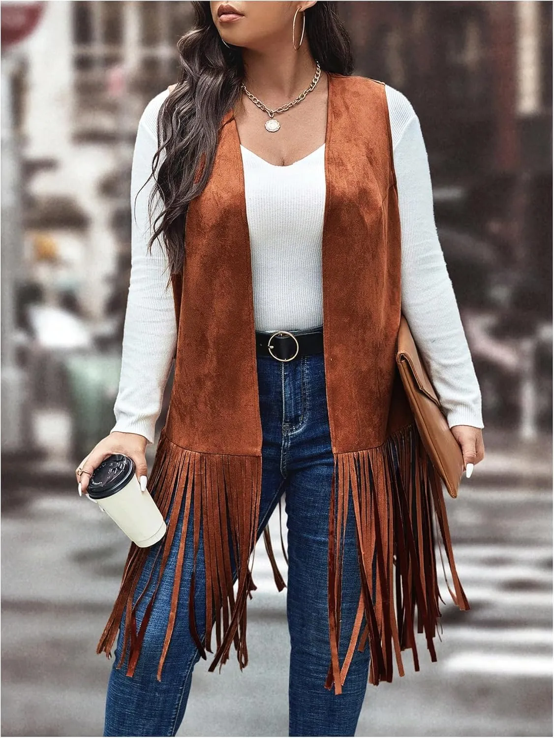 WDIRARA Women's Plus Size Fringe Hem Faux Suede Open Front Cardigan Vest Coat