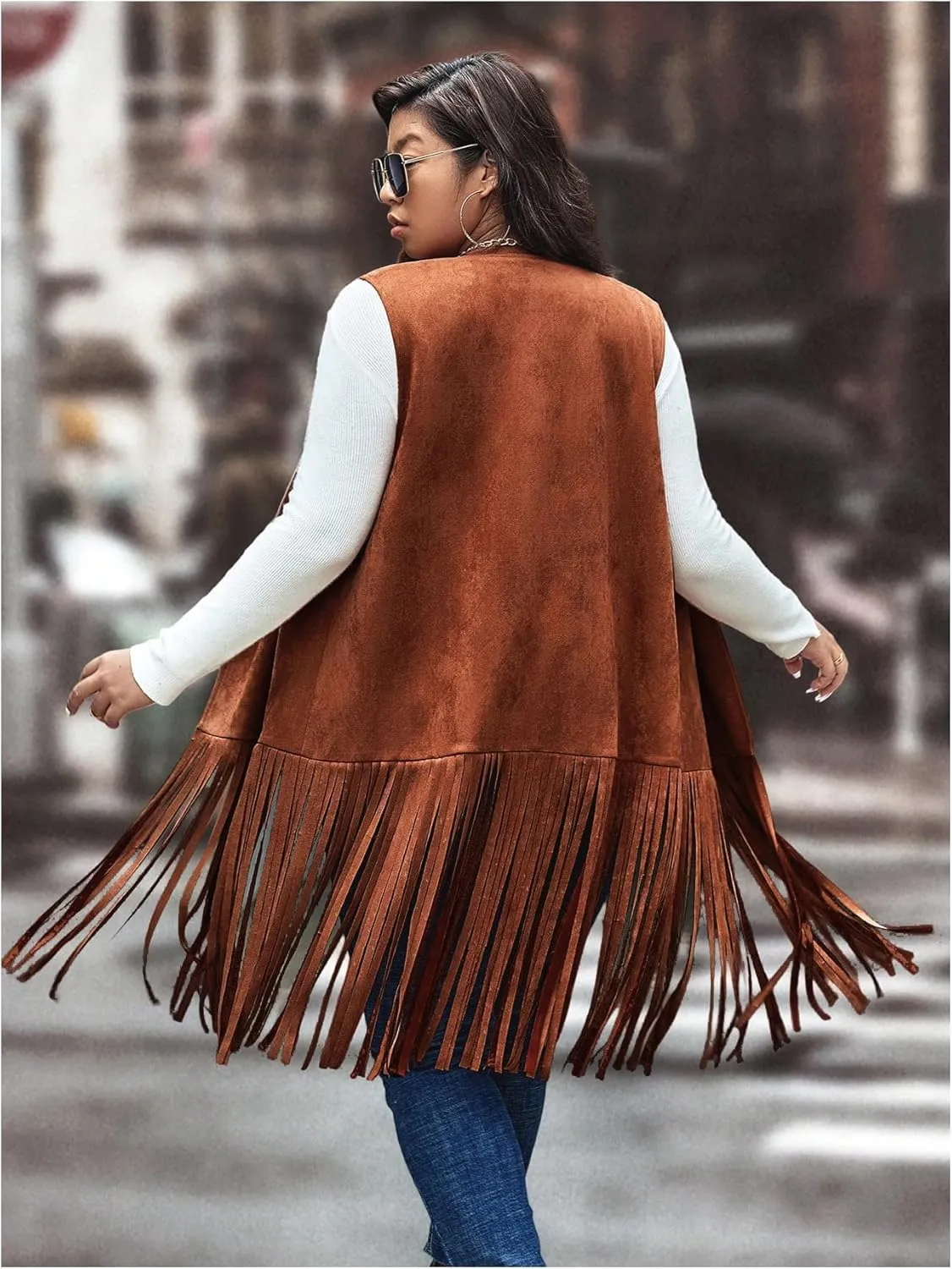 WDIRARA Women's Plus Size Fringe Hem Faux Suede Open Front Cardigan Vest Coat