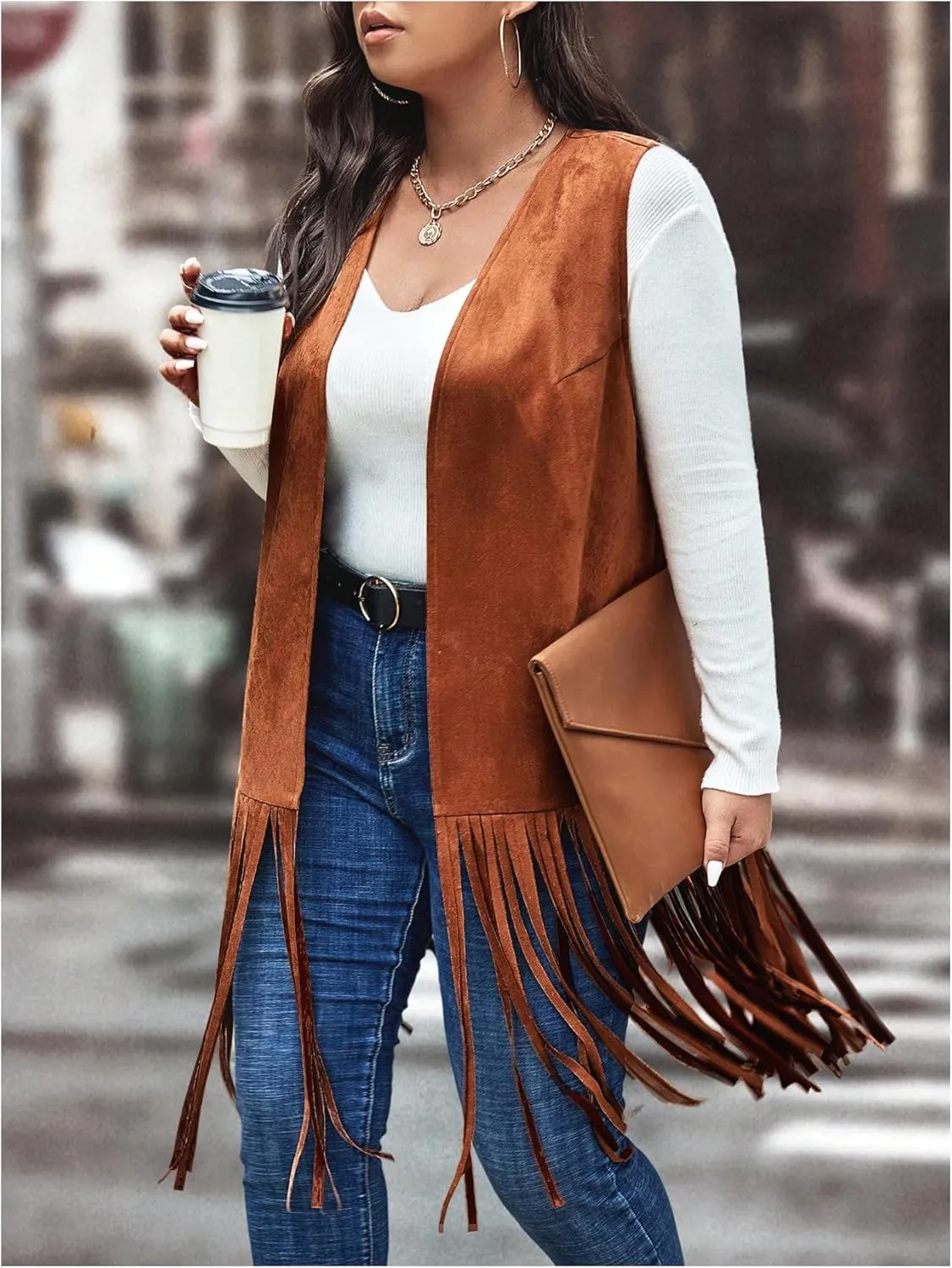 WDIRARA Women's Plus Size Fringe Hem Faux Suede Open Front Cardigan Vest Coat