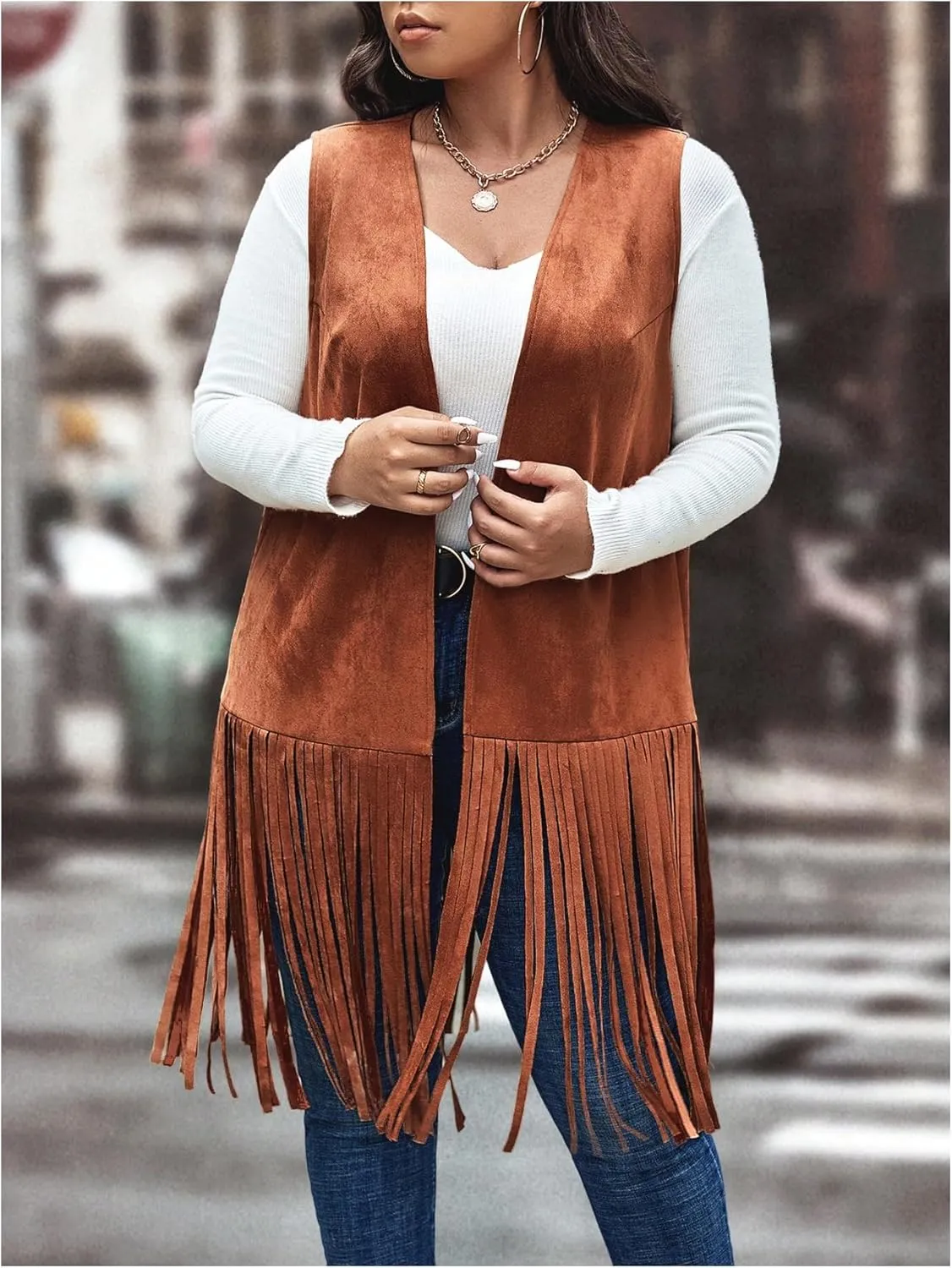 WDIRARA Women's Plus Size Fringe Hem Faux Suede Open Front Cardigan Vest Coat