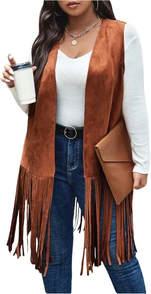 WDIRARA Women's Plus Size Fringe Hem Faux Suede Open Front Cardigan Vest Coat