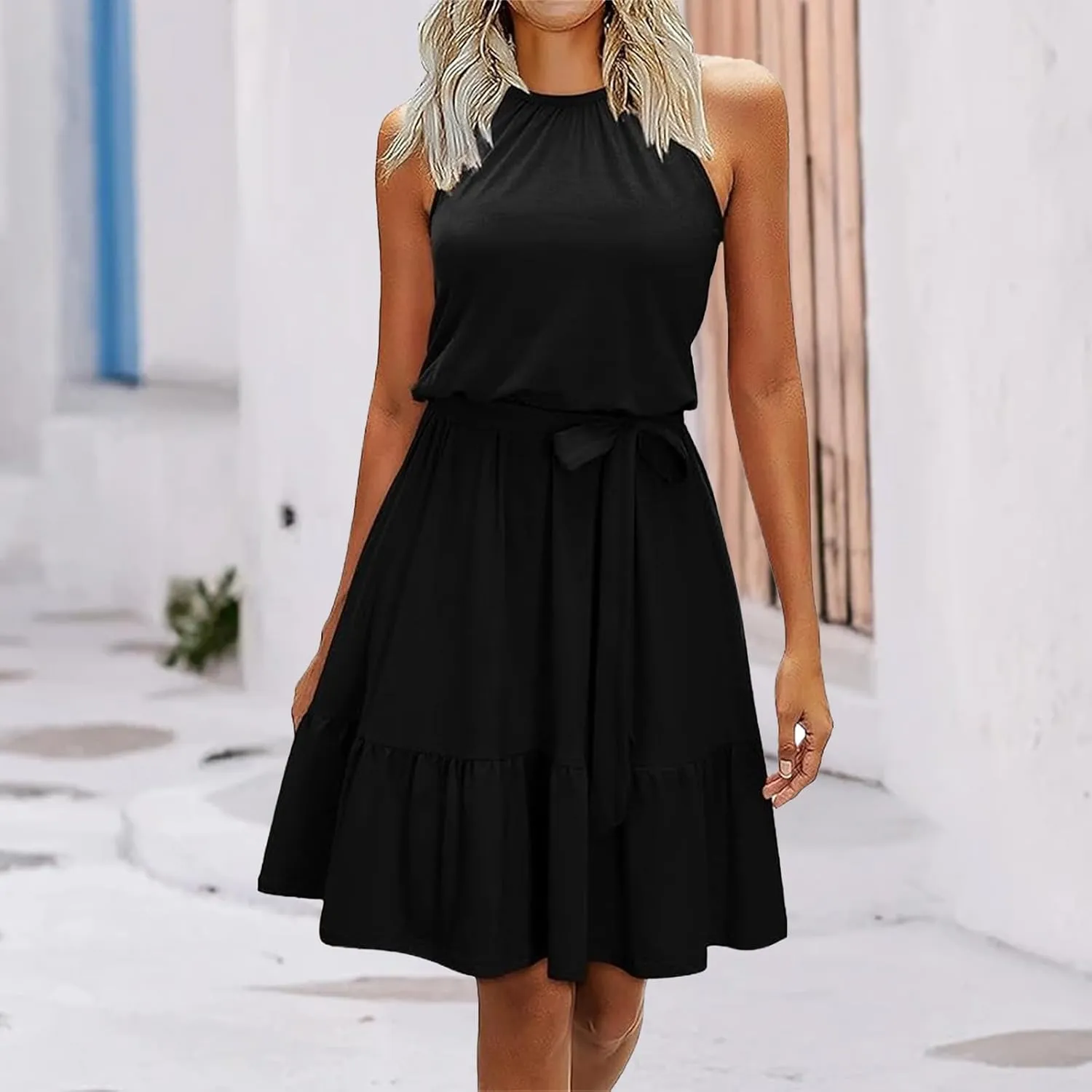 Wedding Guest Dress for Women Crew Neck Sleeveless High Waist Dresses Dressy Casual Beach Vacation Dress Sundresses