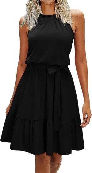 Wedding Guest Dress for Women Crew Neck Sleeveless High Waist Dresses Dressy Casual Beach Vacation Dress Sundresses