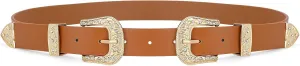 WHIPPY Vintage Western Leather Belt for Women Double Buckle Retro Cowgirl Waist Belts for Jeans Pants Dresses