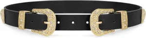 WHIPPY Vintage Western Leather Belt for Women Double Buckle Retro Cowgirl Waist Belts for Jeans Pants Dresses